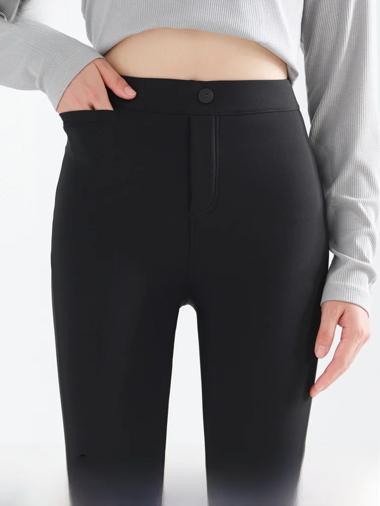 

Брюки для йоги с высокой талией, женские осенне-зимние верхние брюки на подкладке, утягивающие базовые брюки из коровьей кожи с кетами