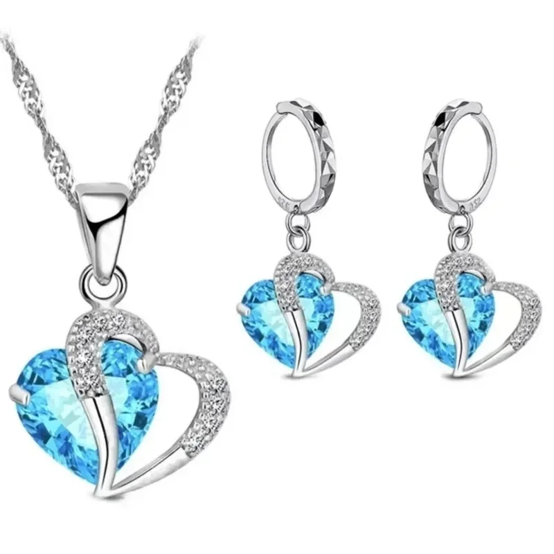 Set of 2 Metal Heart Blue Glass Stone Necklace Earrings Set Hallow Out Heart Charm Clear CZ Pink Red Black Gemstone Jewelry Set image 4