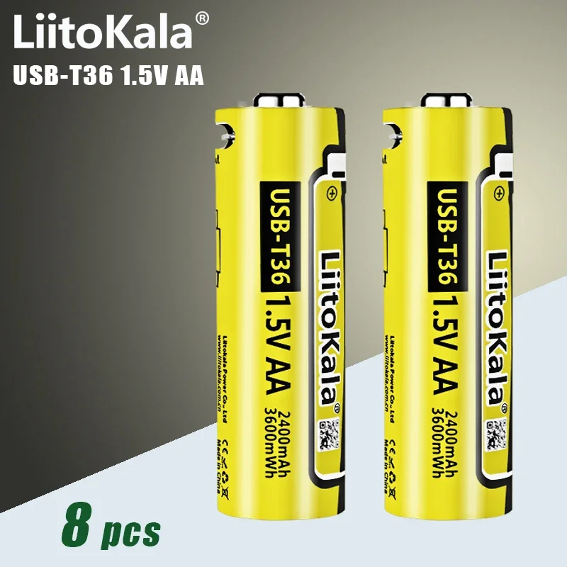 8pcs Liitokala USB-T36 AA 1.5V 3600mWh Large Capacity Lithium Rechargeable Battery Type-C USB Fast Charge for Mouse Toy