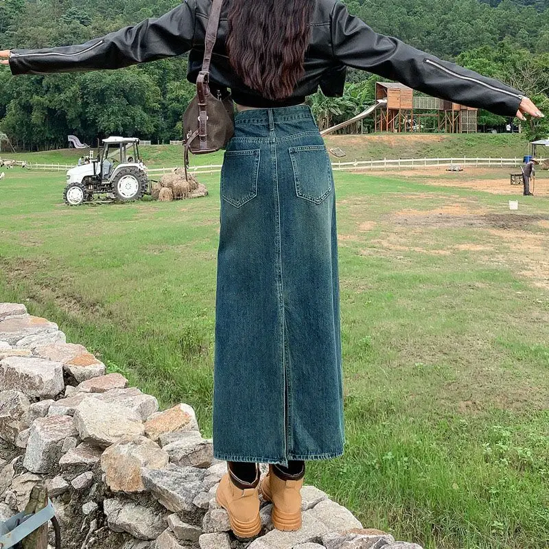 Vintage Fashion Forking Cowboy Women Thin Style 2024 New High Waisted Appear Thin Mid Length Version Solid Color All-match Skirt