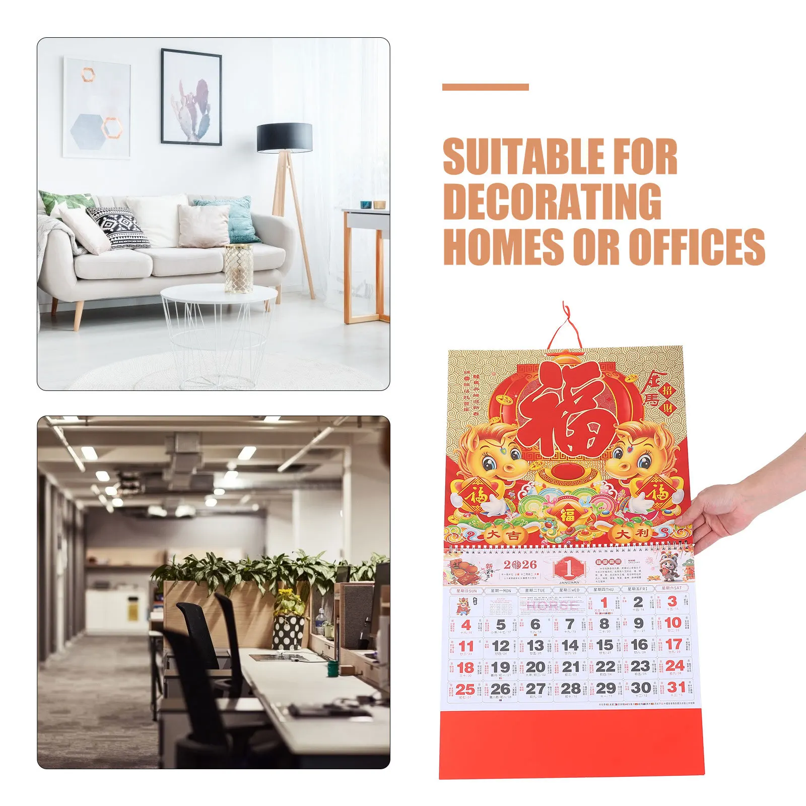 Chinese Zodiac Horse Year Wall Calendar 2026 Traditional Monthly Tear- Planner Lunar New Year Decoration