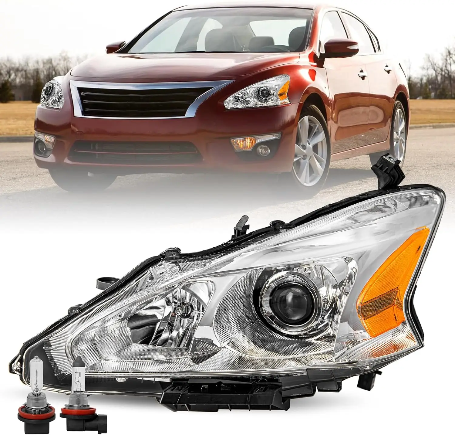 

Headlight Assembly for 2013 2014 2015 Nissan Altima 4Door Sedan Halogen Headlamp Left Driver Side Chorme Housing with Amber Refl