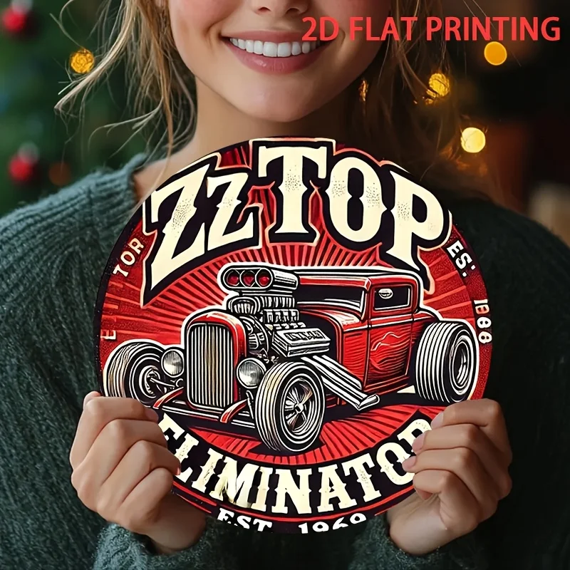 2D Flat, 1pc ZZ Top Eliminator Hot Rod Car Tin Sign - Vintage Heavy Metal Decor - Retro Red & Black Retro Garage Art - Pre-Drill view 2