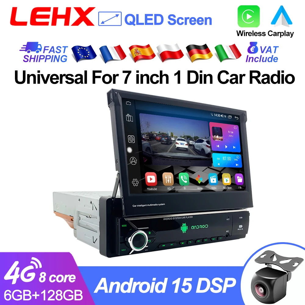 Autoradio universel 1 DIN LEHX 7 pouces avec écran tactile rétractable manuel, CarPlay sans fil, Android Auto, WiFi, GPS et navigation.