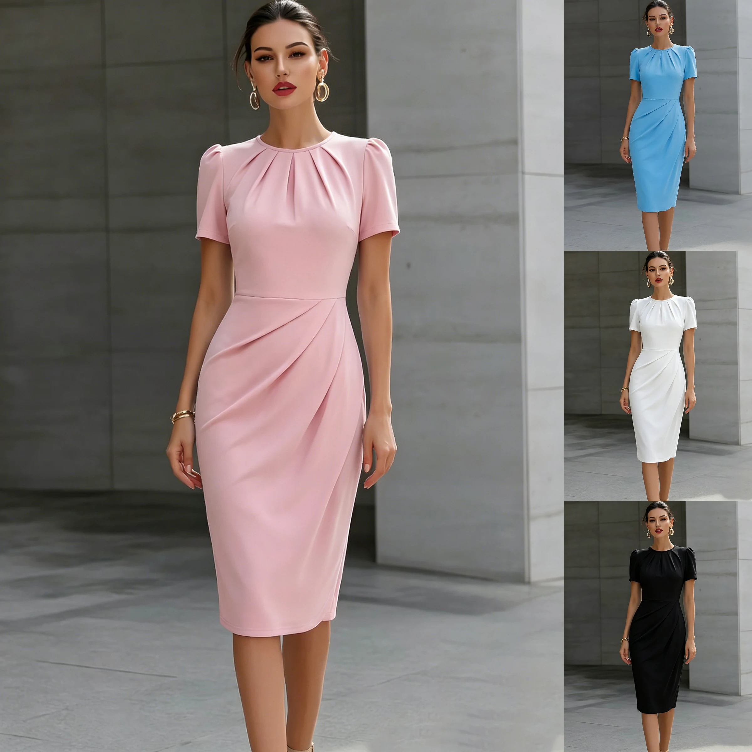 Bestseller Sommer Elegantes Businesskleid, Rundhalsausschnitt, Plissierte Taille, Taillierte Passform, Einfache Halbarm-Ärmel für Damen – Detail 2