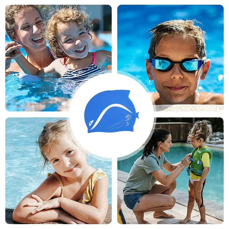 Cappello da piscina per bambini con delfino Cappello per bambini in silicone impermeabile con delfino del fumetto per accessori per piscina antiscivolo elastico morbido per