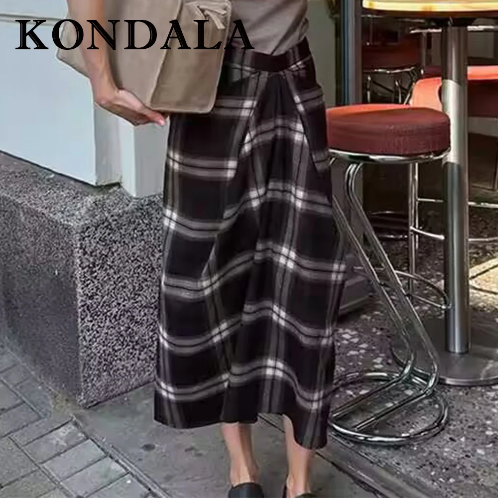 

KONDALA Vintage England Plaid Pleated Streetwear Long Skirt Fashion 2025 Autumn Elegant High Waist Winter Female Straight Skirt