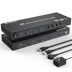 USB 3.0 KVM Switch HDMI 4 Port Support 4K@60Hz 2K@120Hz RGB 4:4:4 Simulation EDID, HDMI USB Switch 4 in 1 Out and 4 USB 3.0 Port