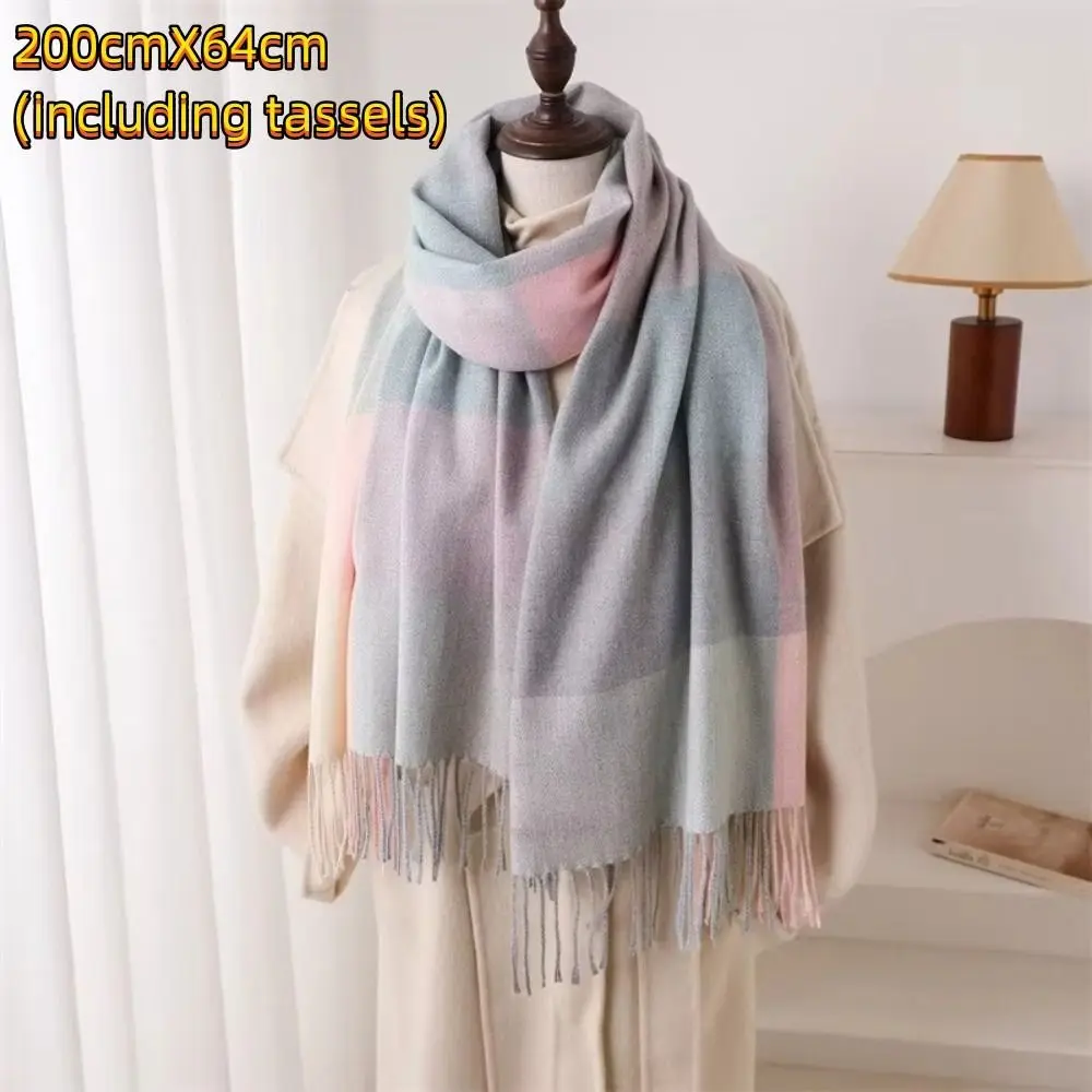 Fashion Rainbow Color Cashmere Shawl Plaid Pattern Neck Protection Winter Scarf Tassel Warm Scarf