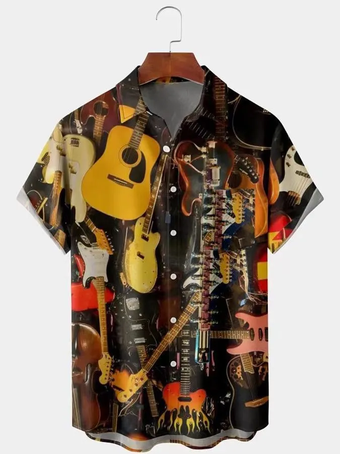 الرجال بسيط الرجعية الموسيقى الغيتار النجوم والمشارب ثلاثية الأبعاد قميص مطبوع قصيرة الأكمام التلبيب ضوء وتنفس الأعمال عادية جزء