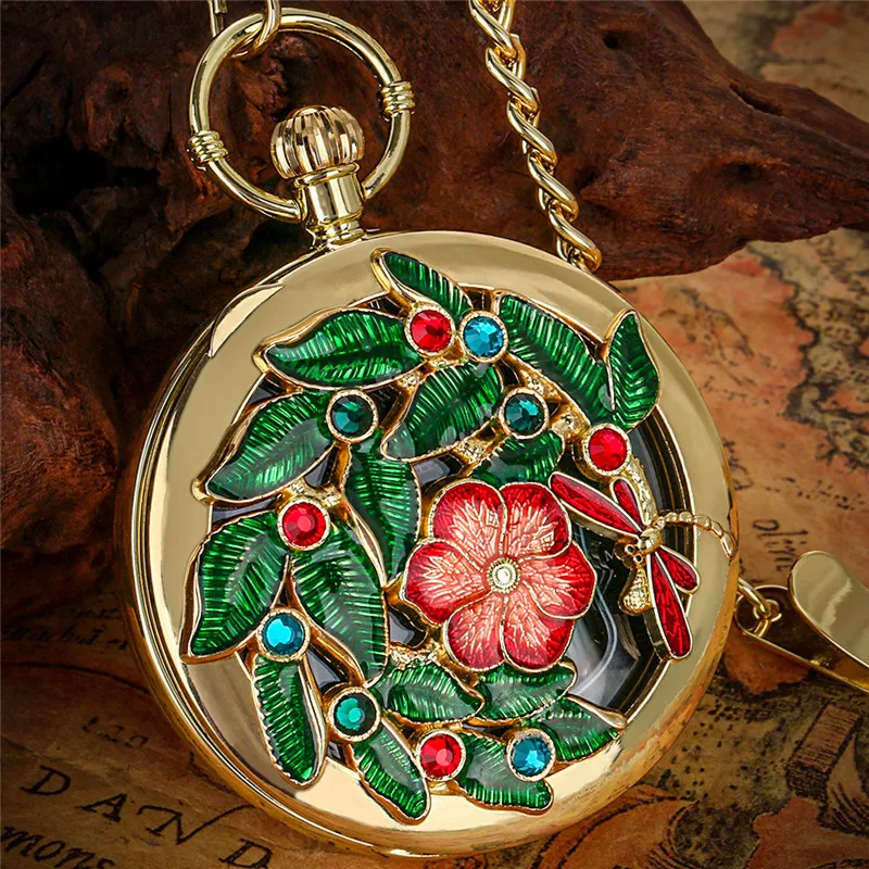 Musikalische Vintage-Quarz-Taschenuhr mit Libellen-Blumendesign spielt Castle in the Sky Melody, perfektes Geschenk für Musikliebhaber – Detail 4