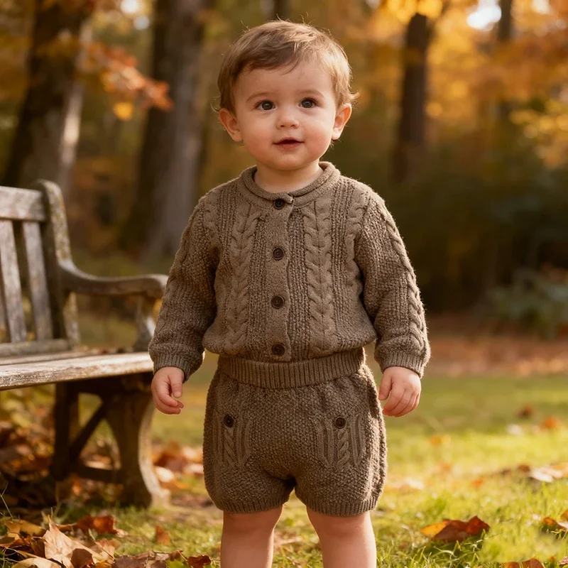 

Baby Kids Princess Outfits New Autumn Boys Knitting Sweater Set Winter Toddlers Girls Knitted Sets Cardigan Sweater Shorts 2Pcs