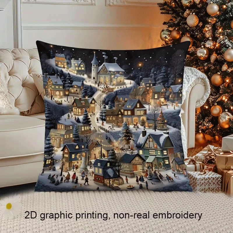 1pc Christmas Snow Town Double‑Sided Print Pillow Cover, Cushion Case for Sofa Bedroom, Insert Not Included, Xmas Decor