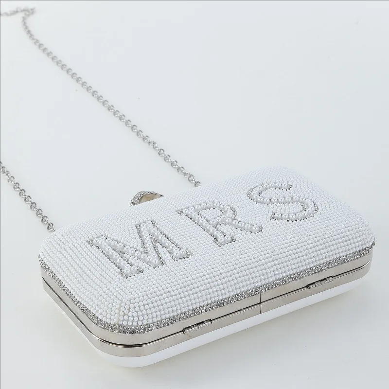 Bolso de mano con perlas y diamantes para mujer, cartera de mano con letras, anillo de lujo, elegante, de noche, con abalorios