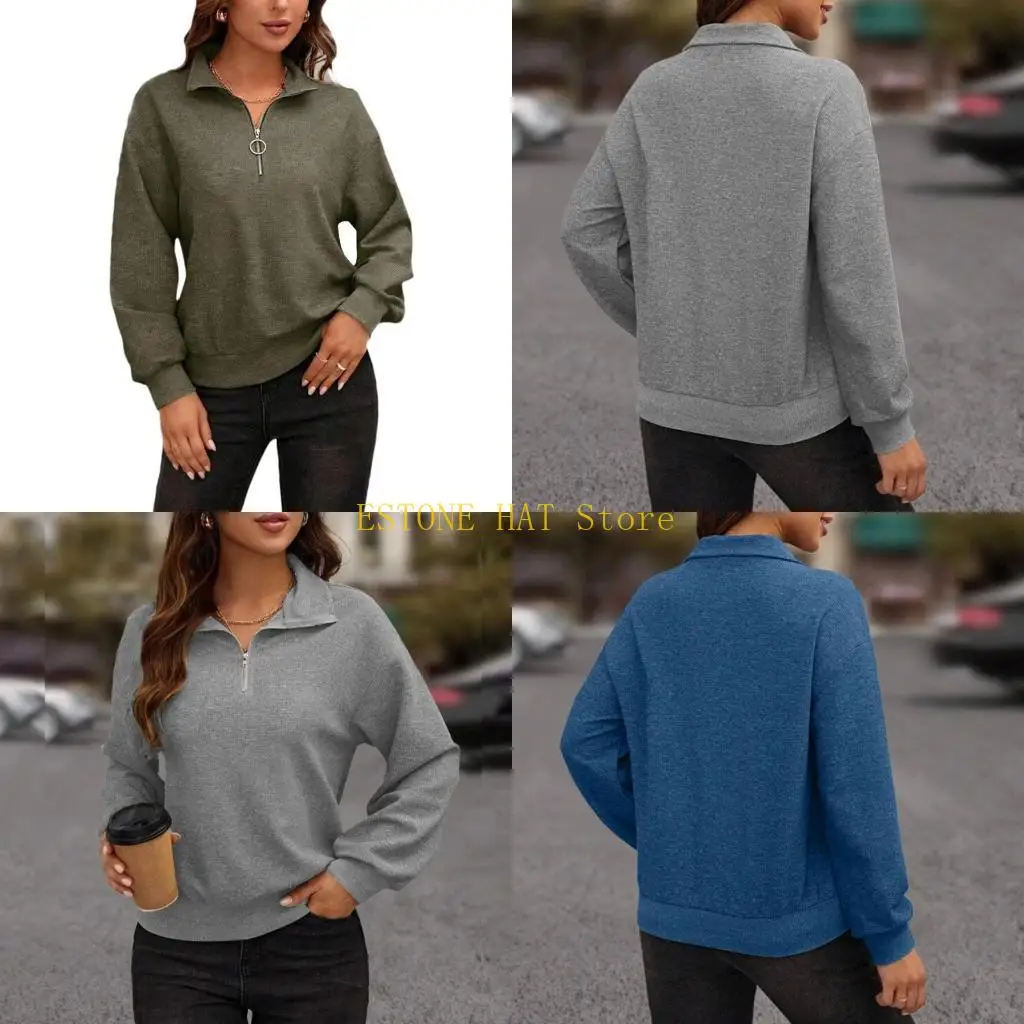 49MF Women's Long Sleeve Half Zipper Collar Pullover Sweaters Casual Loose Drop Shoulder Sweatshirts Fashion Fall Clothes
