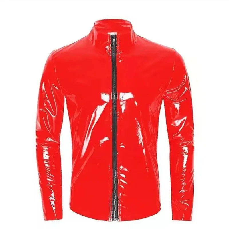 New Men Zipper Cardigan Stand-up Neck Shirt PVC Glossy Patent Leather Sexy Tight Stretch Latex Outerwear Male Motorbike Clothing