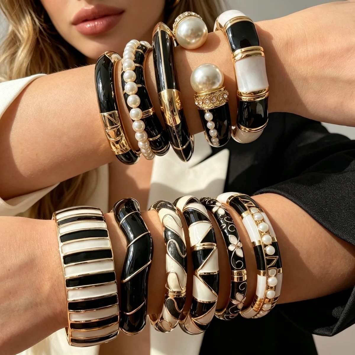 Vintage Schwarz-Weiß Gesplittete Emaille-Manschettenarmbänder für Damen und Herren, Punk Geometrisches Blumenmuster, Wellenförmiger Bambus-Gelenk-Armreif Schmuck – Detail 13