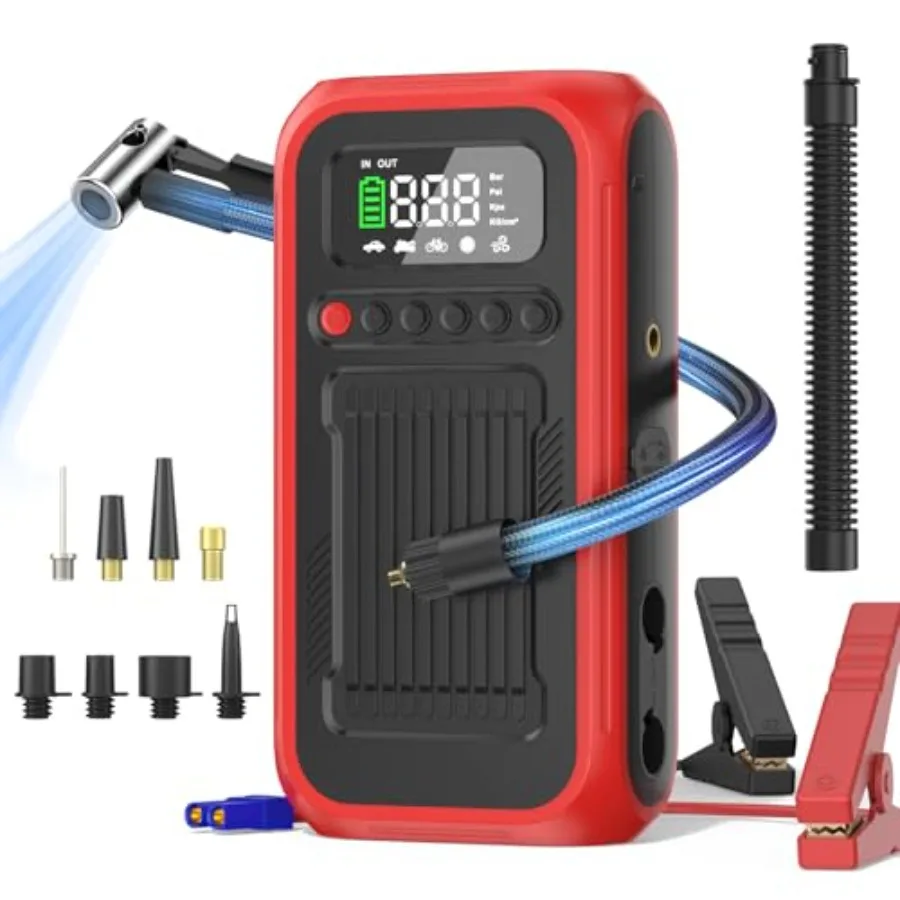 

Tire Inflator Portable Air Compressor 12V Car Jump Starter 150PSI and 28000mAh Air Pump with Air Blower Digital Pressure Gauge