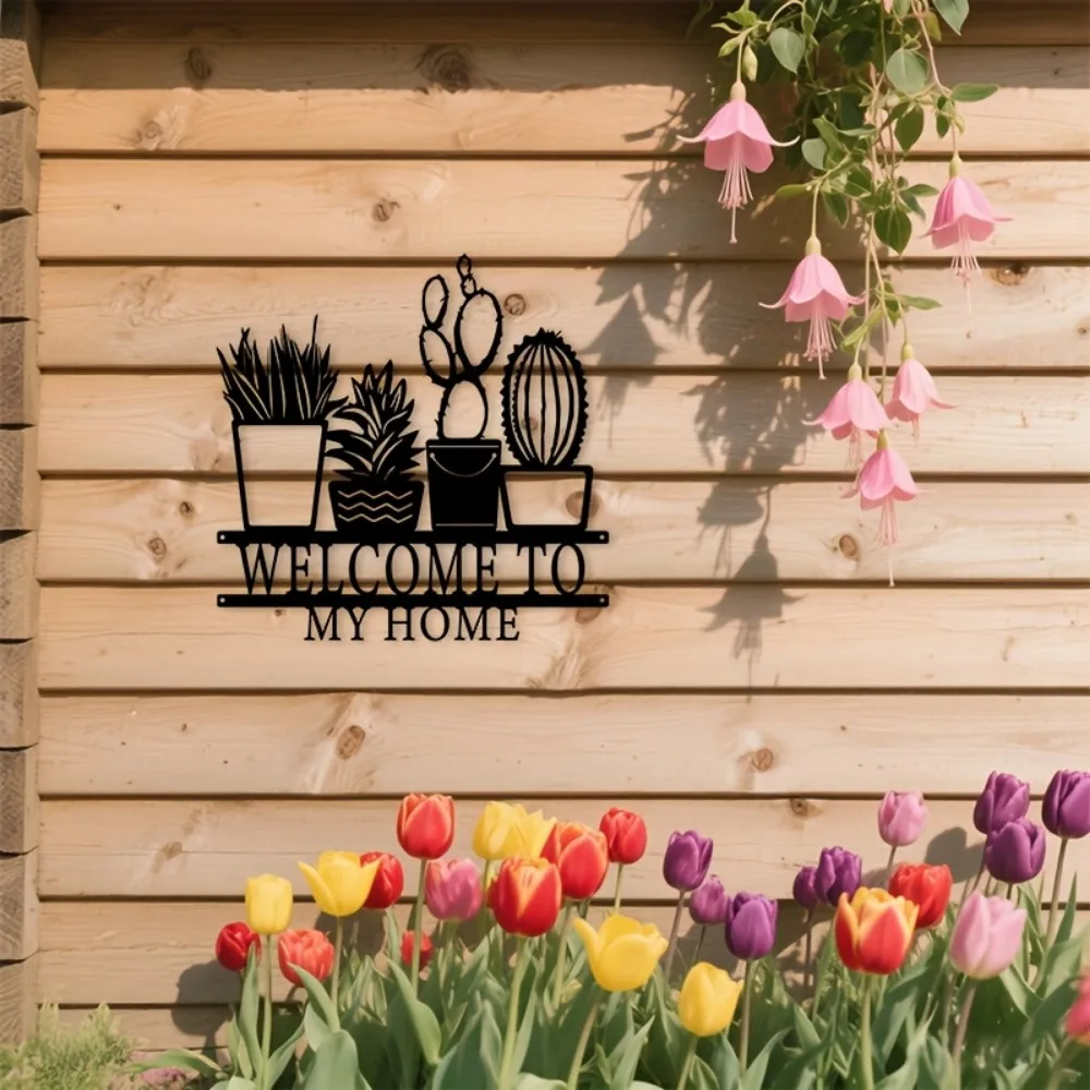 Metal Wall Art Succulent Welcome Sign Plant Shelf Farmhouse Iron Rustic Hanging Sturdy Plaque for Entryway Porch Garden