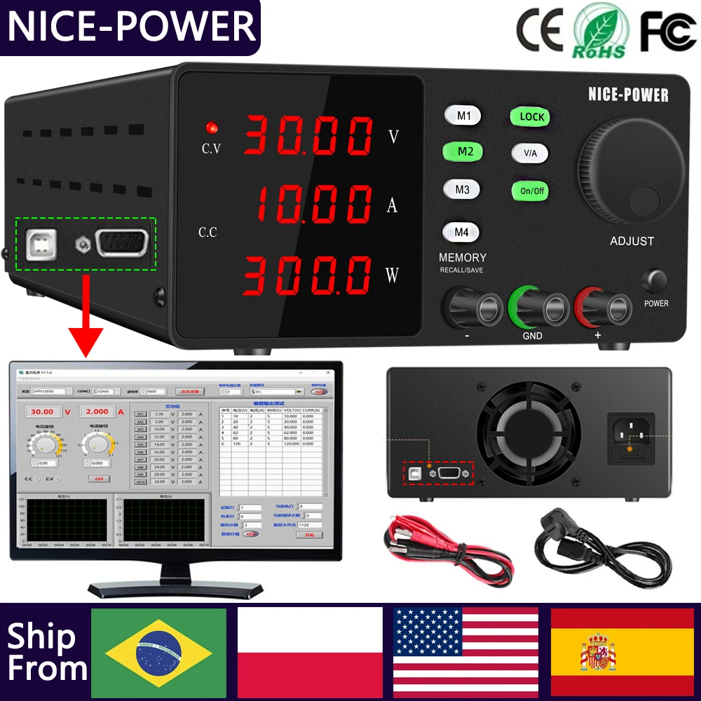 

Programmable 30V 10A DC Power Supply Adjustable Bench Power Supply with Memory Storage Encoder Knob Output Switch Lock Button