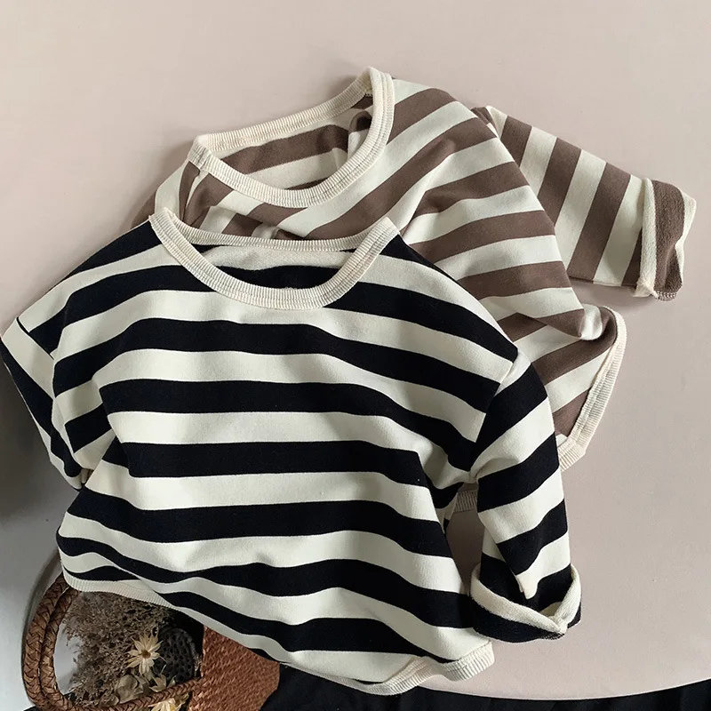 2023 Spring Autumn New Children Casual T Shirt Loose Kids Striped T Shirts Cotton Tee Boys Girls Long Sleeve Tops Baby Clothes