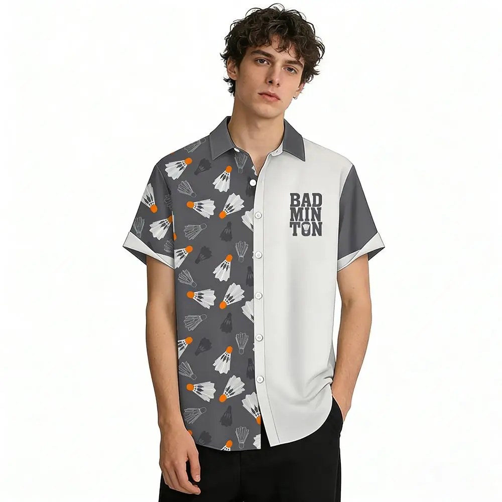 

Men's Badminton 3D Print Shirt Unique Contrast Color Lapel Button Down Blouse Daily Sports Casual Breathable Short Sleeve Tops
