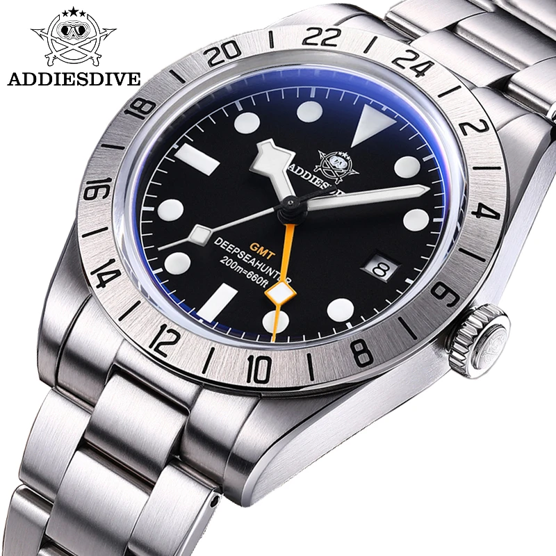 ADDIESDIVE Swiss Ronda 515-24H 39mm Men GMT Watch BGW9 Super Luminous Stainless Steel AD2045 GMT Waterproof Watches Reloj Hombre