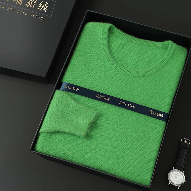 Mens Mink Wool Long Sleeve Knitted Sweaters Solid O-neck Loose Pullover Men Clothing Lightweight Soft Warm and Comfortable Top