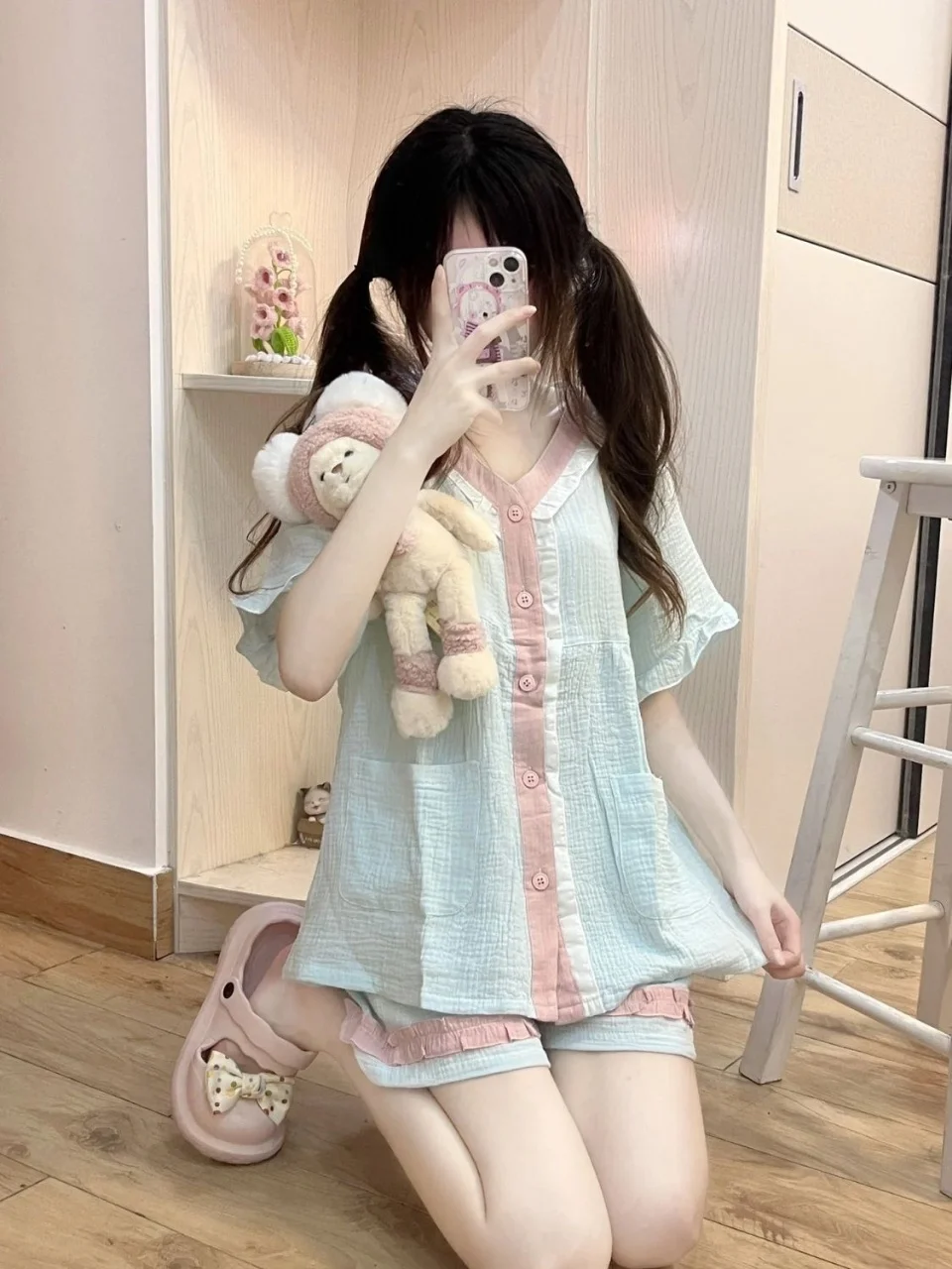 طقم بيجامة حلوة للسيدات باللون الأزرق الفاتح - بلوزة وسروال قصير الأكمام بأزرار سفلية، ملابس نوم كاجوال كاواي مناسبة للربيع والصيف #6