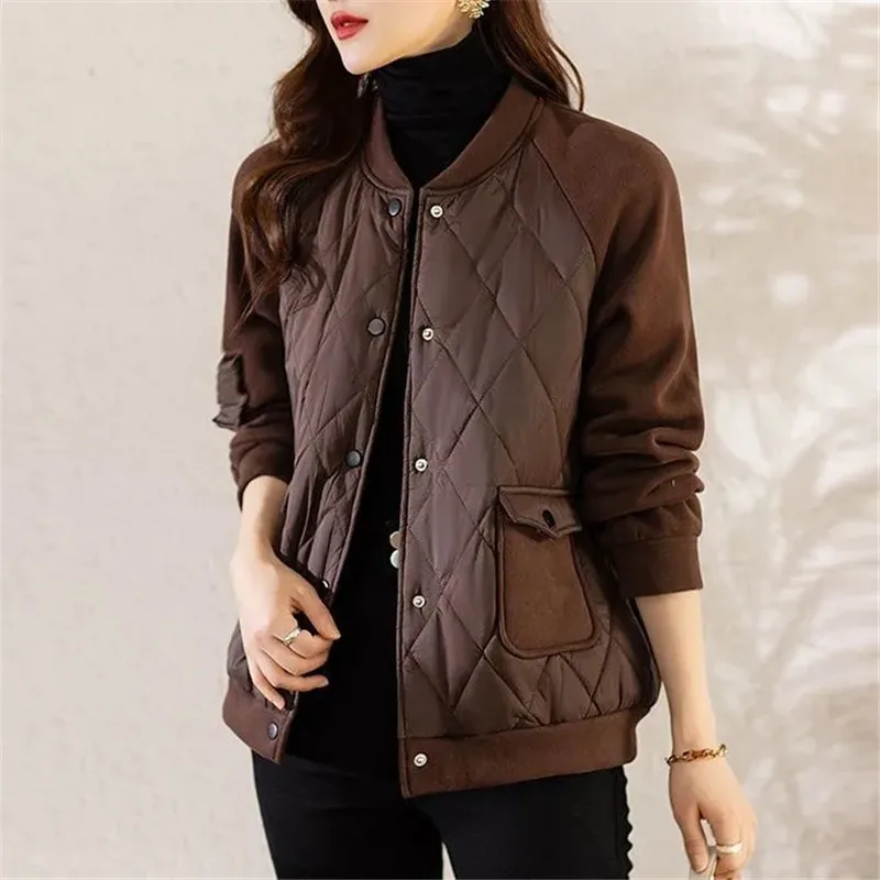 Lightweight Lingge Fashion Cotton Coat Women 2024 Spring Autumn Winter Jacket Splicing Casual Loose Versatile Ladies Outerwear