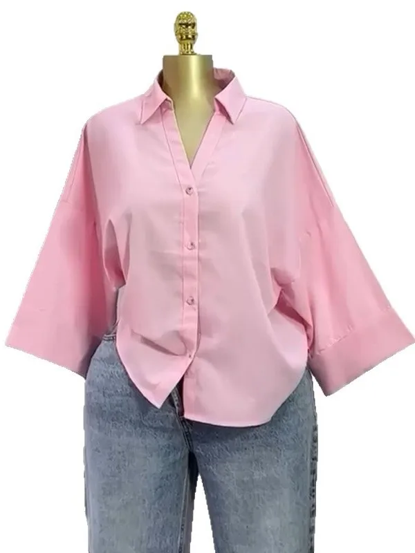 بلوزة نسائية حلوة مخططة irt فضفاضة تناسب Faionable جديدة 2026 بياقة مقلوبة من ألياف البوليستر سبعة Sve طويلة irt