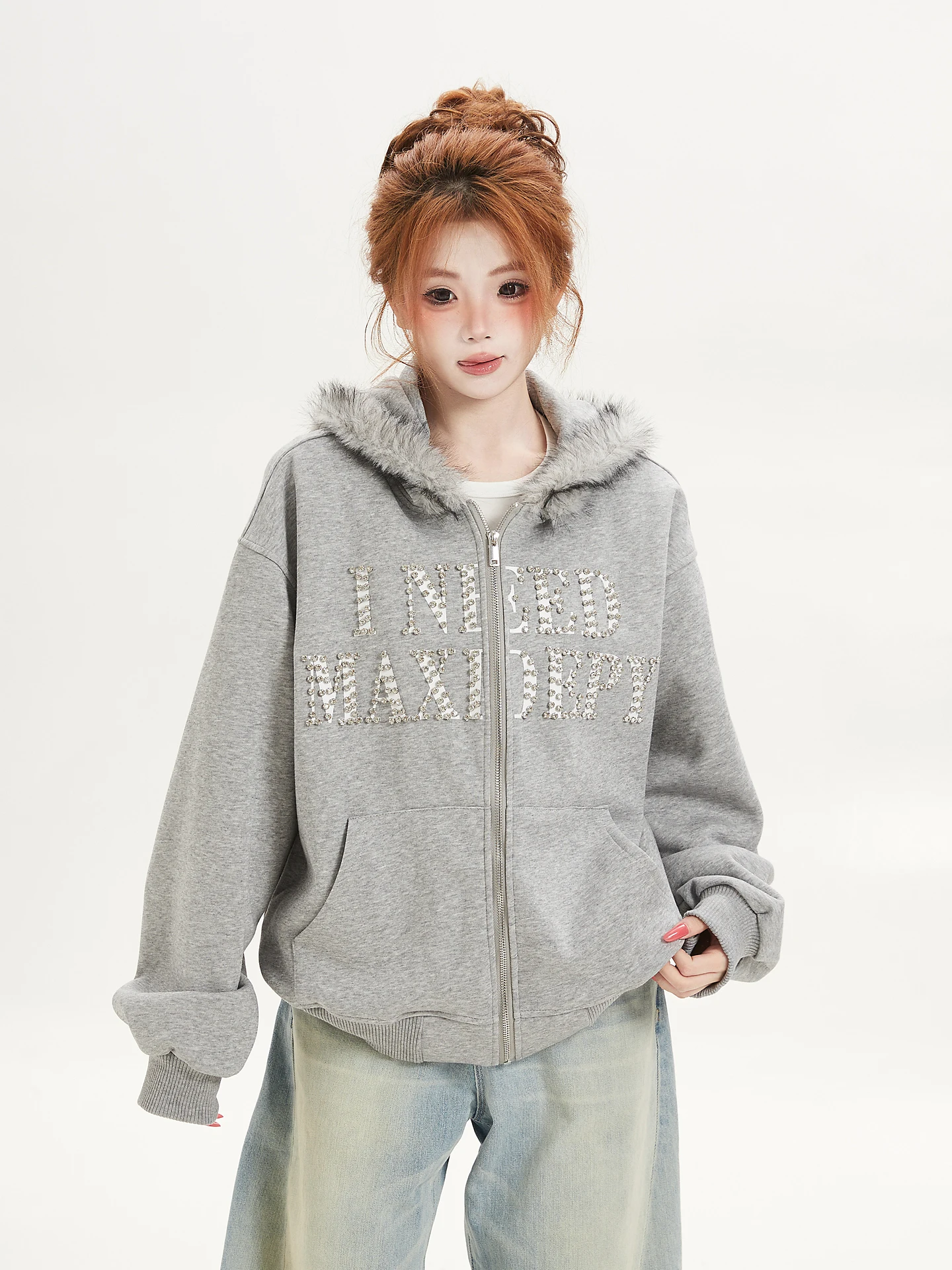 Ant American Style Letter Print Rhinestone Collar Hoodie Cardigan Women Loose Thin Casual Jacket Cotton Long Sleeve Zipper