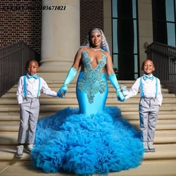 EVLAST Customized Blue Ruffles Prom Dress For Black Girls Silver Diamonds Beaded Mermaid Party Gala Gown Vestidos De Fiesta P96