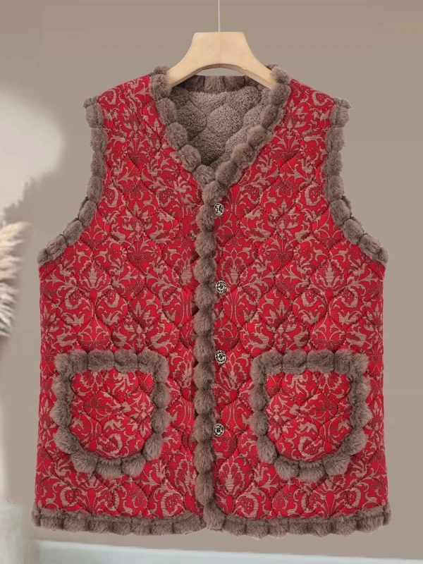 سترة نسائية بنمط عرقي مبطنة بالصوف الدافئ، مصنوعة من ألياف البوليستر السميكة، بياقة على شكل V ونقش زهري، إغلاق بزر واحد، ملاب...