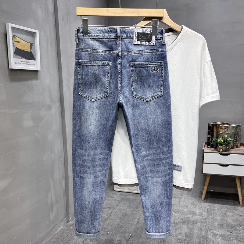 New Korean Fashion Men's Casual Long Jeans Classic Man Straight Denim Wide-leg Pants Solid Color Light Blue Black Ninth pants
