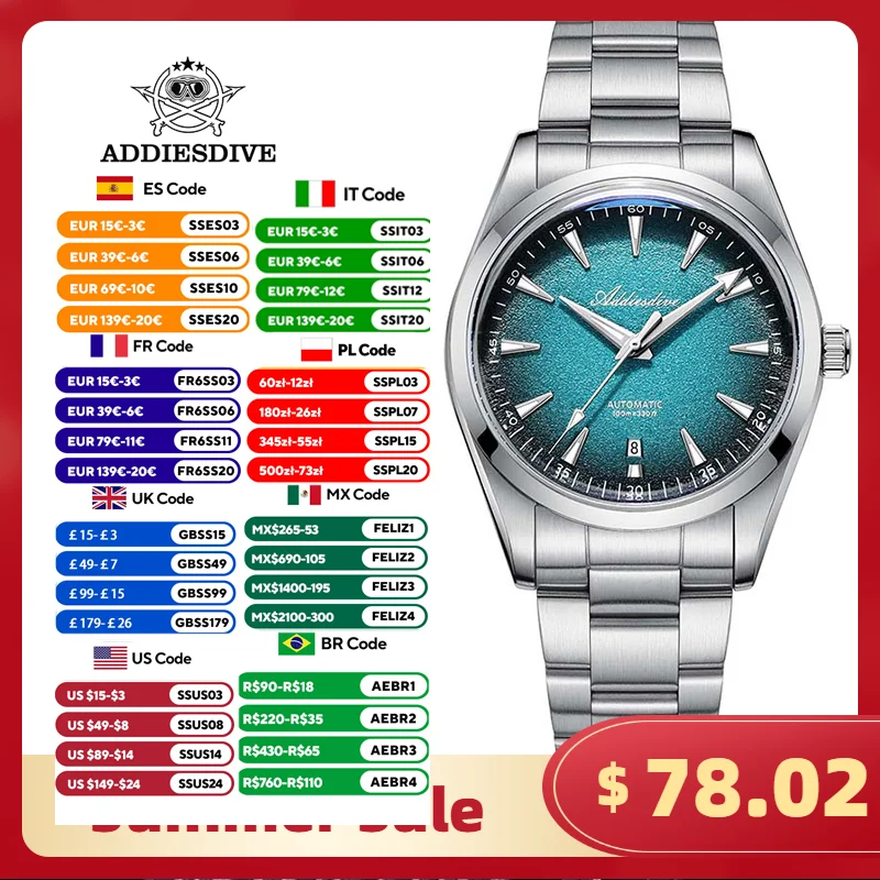 

ADDIESDIVE 39mm Stainless Steel Diving Automatic Mechanical Watch For Men Luxury Waterproof Luminous Dress Men's Watches AD2527
