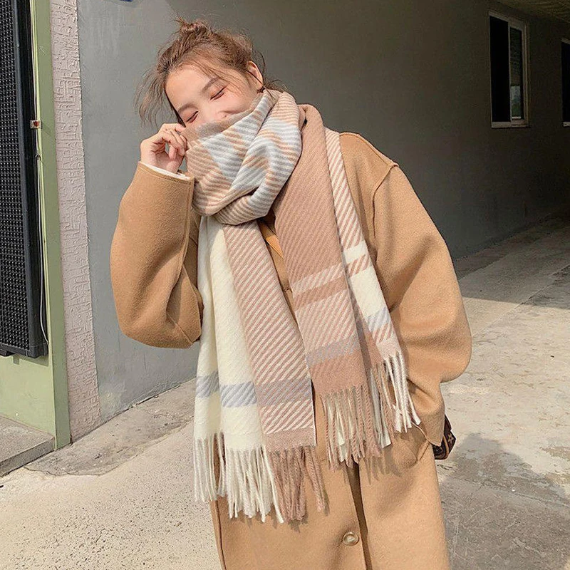 Korean Version Of Ins Plaid Scarf Shawl Scarf Female Classic Scarf Cute Tassel Shawl Neck Thick Warm Scarf Winter