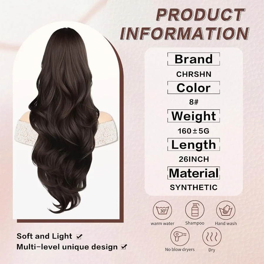 وصلة شعر طويلة مموجة برباط بطول 26 بوصة للنساء، قطعة شعر صناعية بمشبك على شكل ذيل حصان مع مظهر طبيعي مثالي لـ