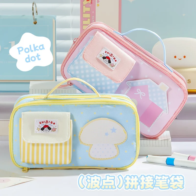 Kawaii Japanese Pen Pouch, Cartoon Cloud Apple Print Large Opening Multi-Layer Portable Large Capacity Student Stationery Case