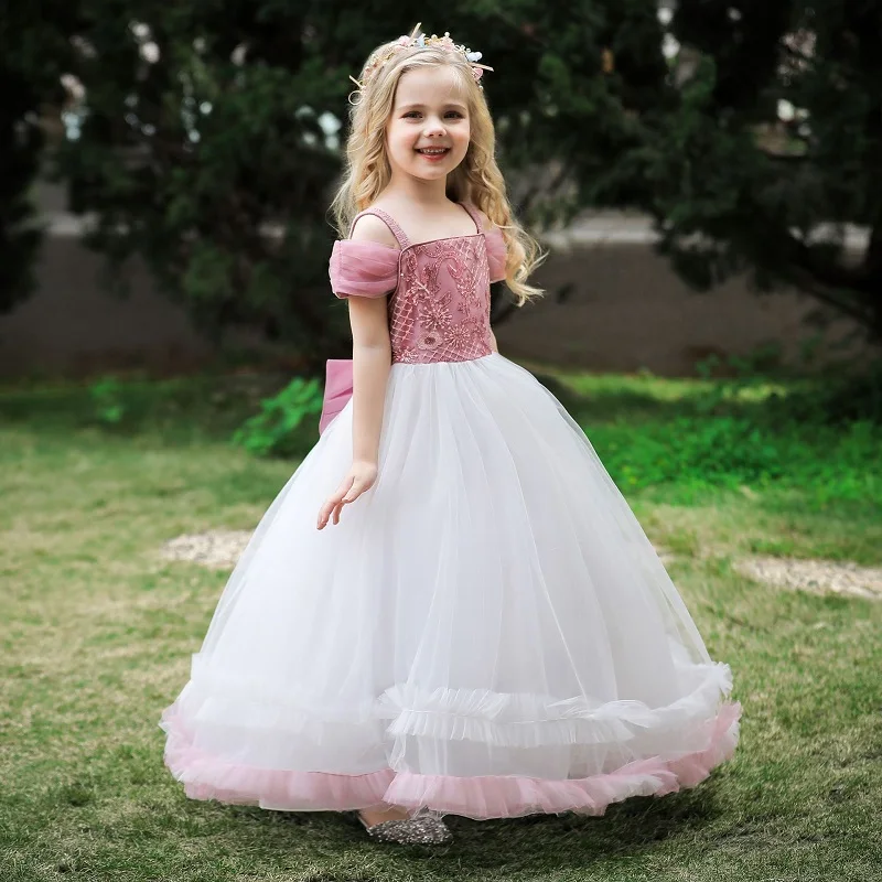 Mädchen Einteiliges kleid wort schulter pailletten bestickt Bögen Prinzessin kleid Flower hochzeit Klavier spielen kostüm kinder kleid