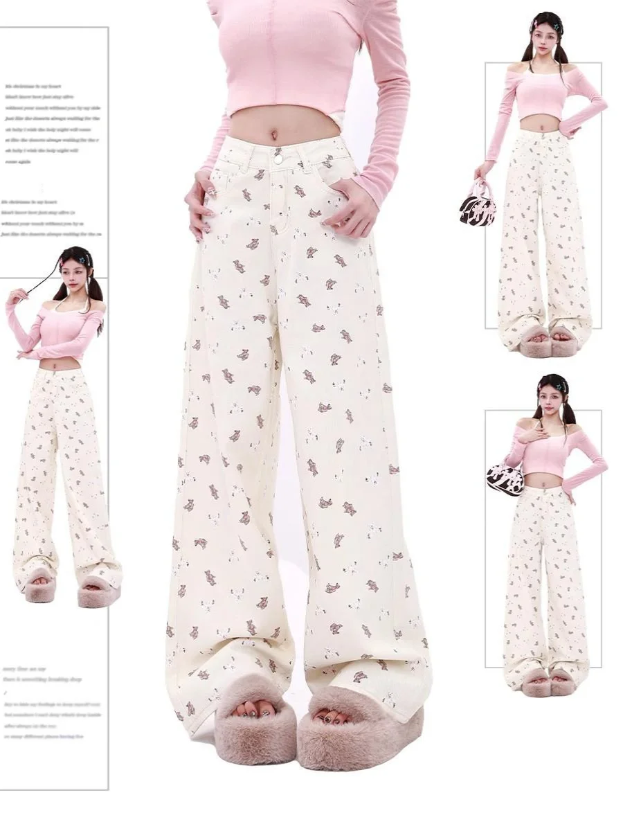 

High Waist Bear Print Wide Leg Casual Jeans Women's Summer plus Size Loose Fit Long Pants Straight Cut Comfortable Trousers