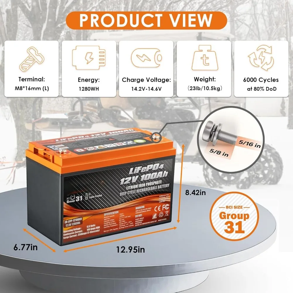 12V 100Ah LiFePO4 Lithium Battery, 100A BMS Deep Cycle Battery with Low Temp Cut Off, Up to 6 in Series, Peak Current 350A