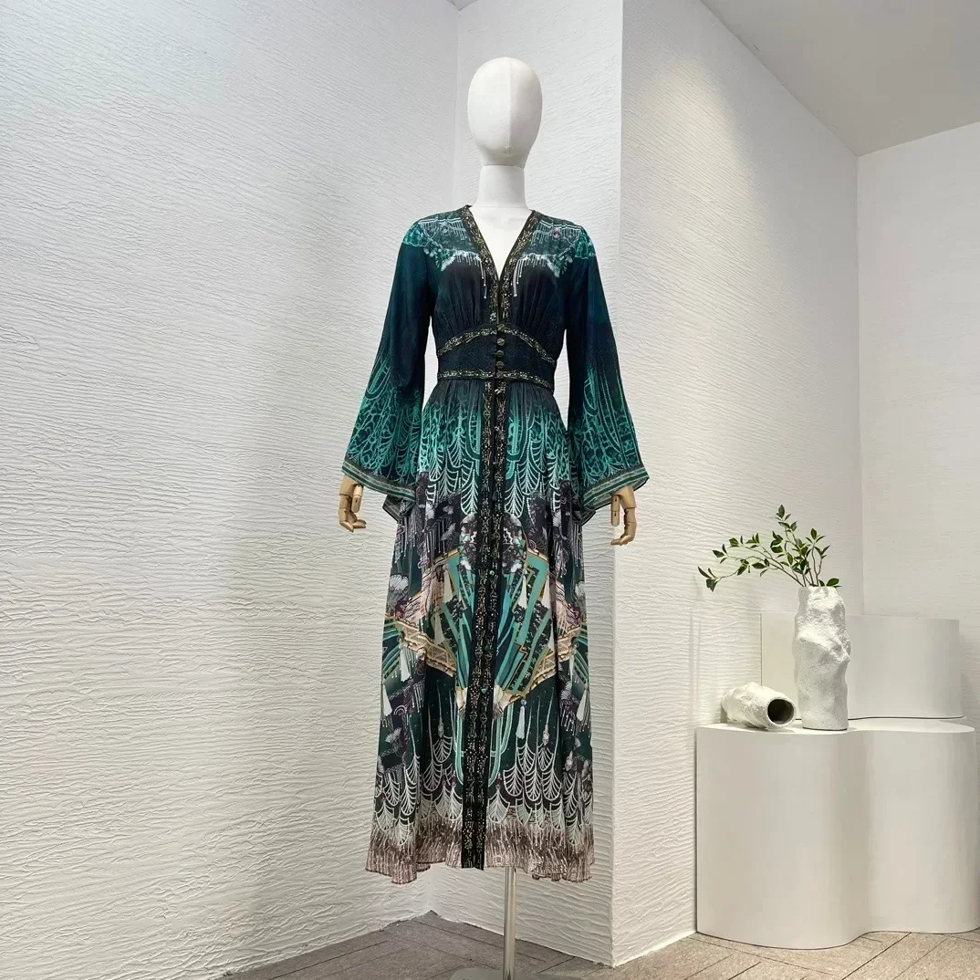 

2024 WorldCloset New High Quality Silk Green Printing Buttons V-Neck Long Sleeve Diamonds Midi Dress for Women