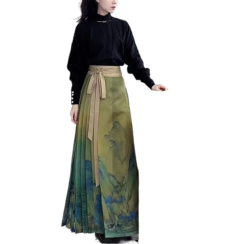 

Ma Mian Skirt New Chinese Style Ming System Improved Ancient Hanfu Green Half Body Set Women's Spring And Autumn Horse-face Skir