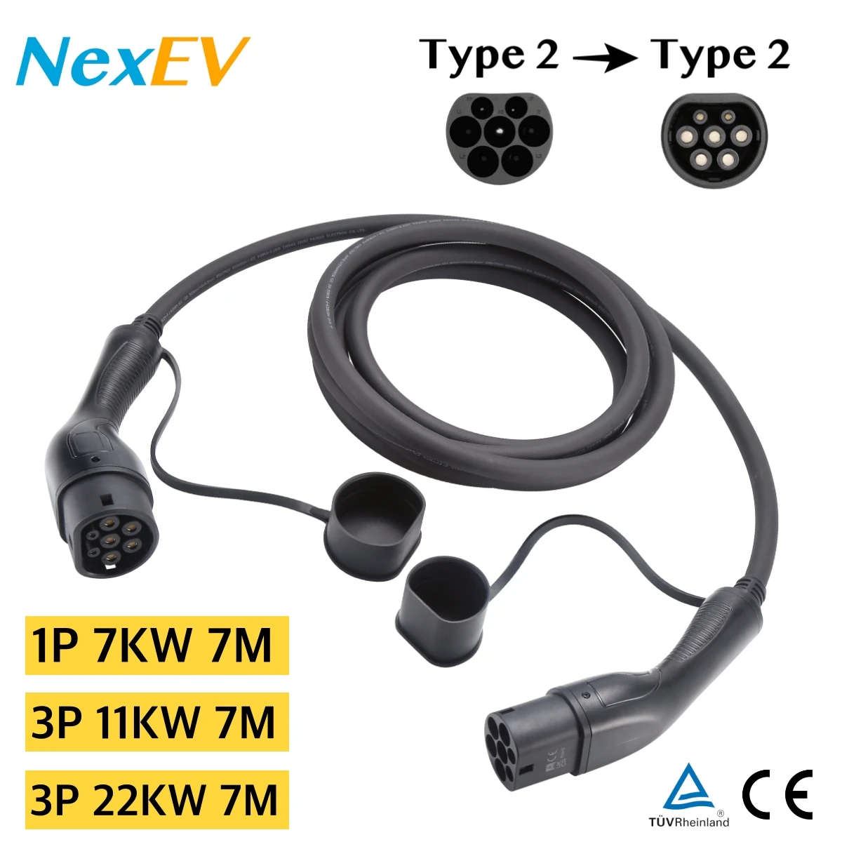 Cavo di ricarica per veicoli elettrici NexEV da Type2 a Type2, 7M, 1 fase/3 fasi, 16A 32A, 7KW/11KW/22KW, presa AC IEC62196, cavi per stazioni di ricarica EVSE, certificati TUV CE