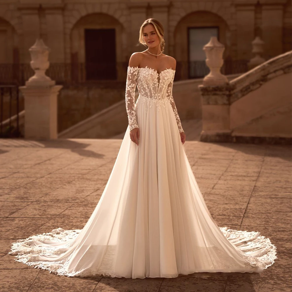 

Exquisite Chiffon Applique Wedding Dress Off the Shoulder Long Sleeve Classic A-Line Customized Floor Length Bride Luxury Gowns