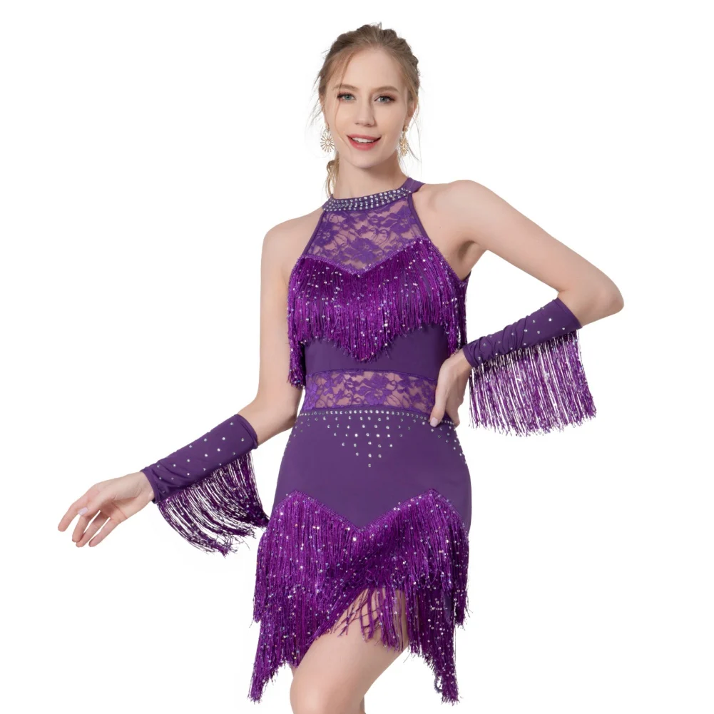 Elegant Sequin Beaded Tassel Latin Dress With Sleeves For Women Sexy Lace Hollow Out Halter Sparkly Rumba Cha-cha Dancewear