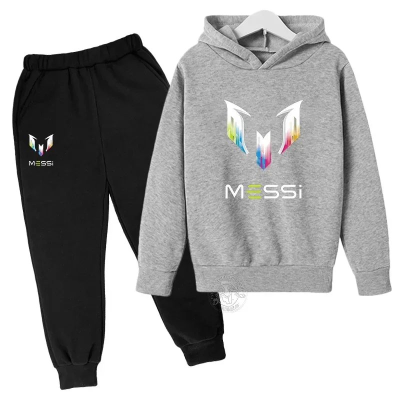 Messi Letter bedrukte kinderkleding herfst- en wintertrui met capuchon, lange broek, tweedelig casual sportpak voor jongens en meisjes