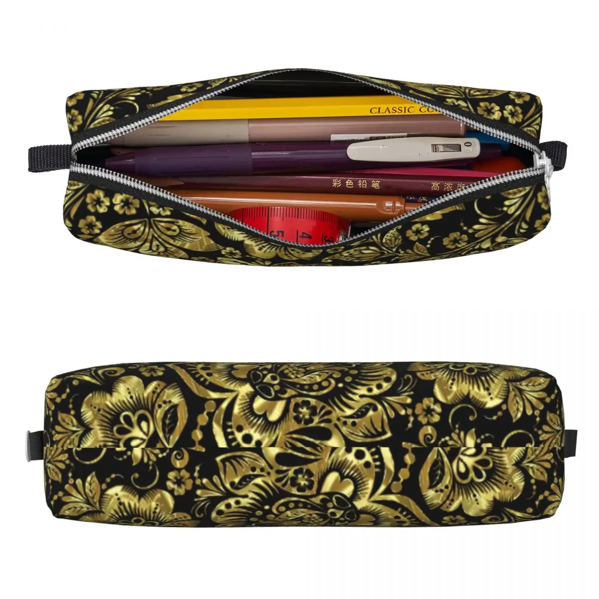 Aesthetic Pencil Case Gold Baroque Floral Pen Box Vintage Flower Back To School Pencil Cases Child PU Leather School Supplies