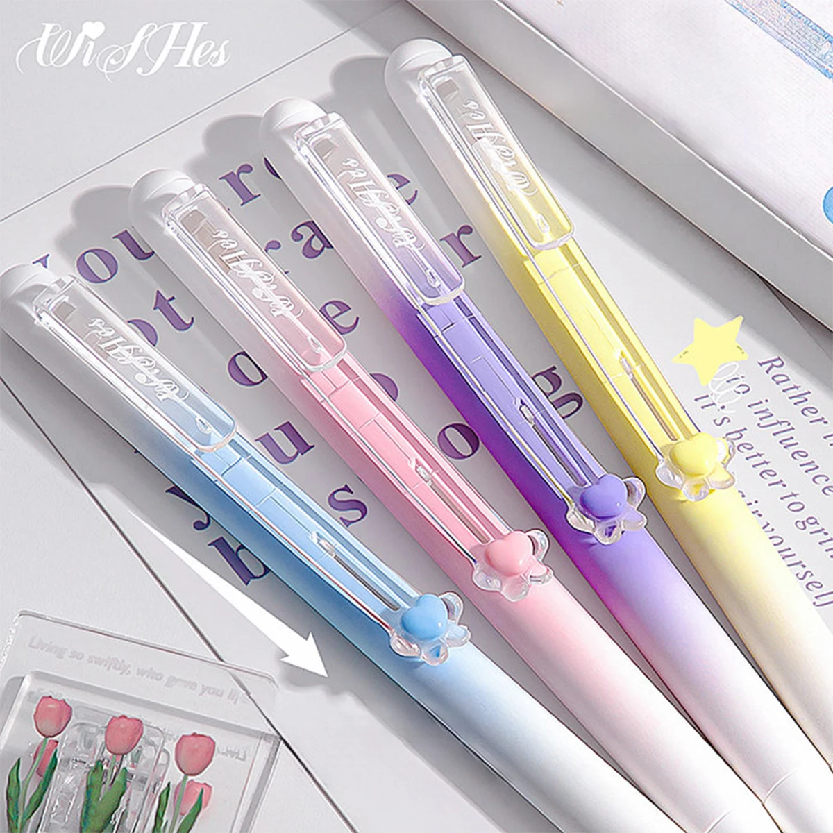 4-Pack Gradient Cat Paw Click Pens, Quick-Dry Ink, Long Clip, Smooth & Durable Design, School & Office Supplies
